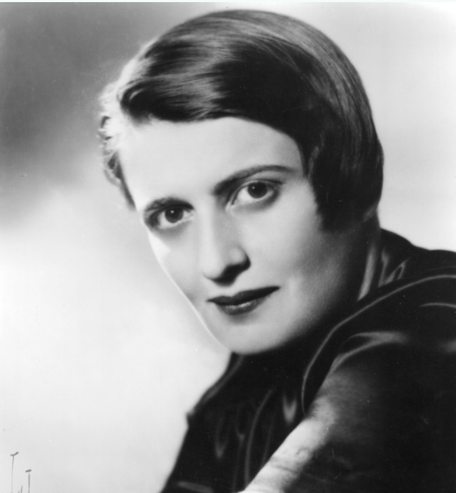 A photo of a rather austere woman, Ayn Rand