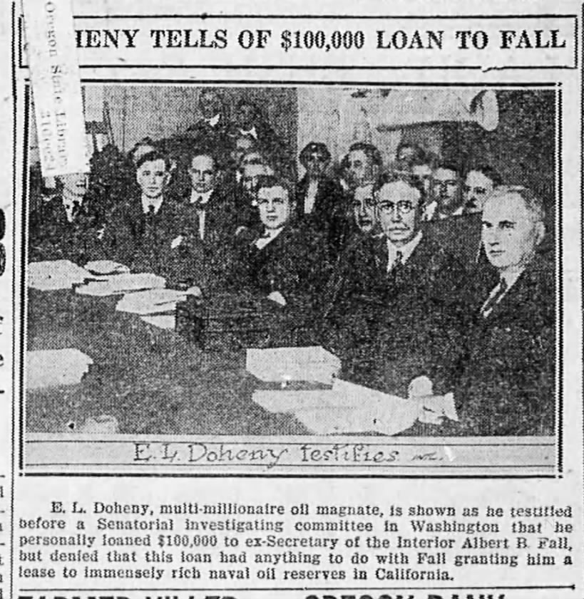 Newspaper Headline- Doheny Tells of $100,000 Loan to Fall